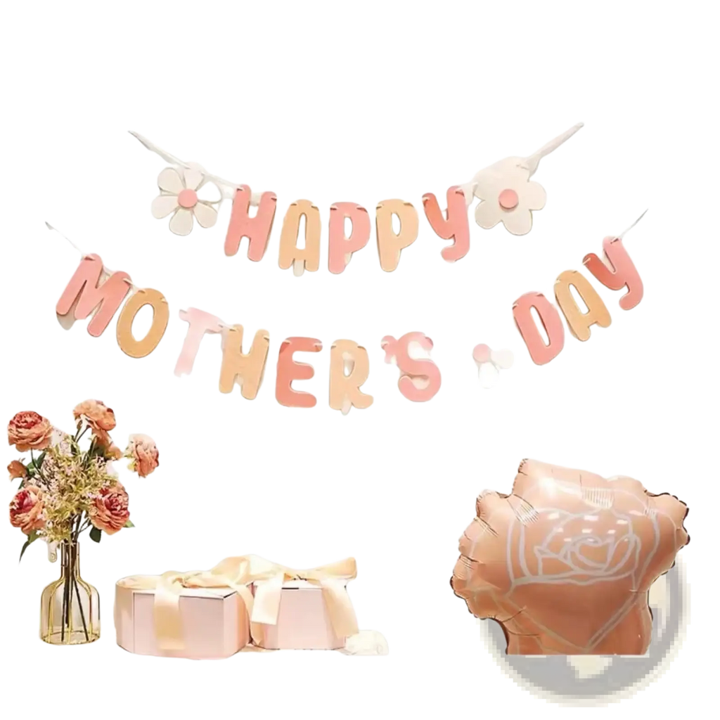 Pastel pink and peach gradient happy mothers day paper banner with floral cutouts for wall decor celebration