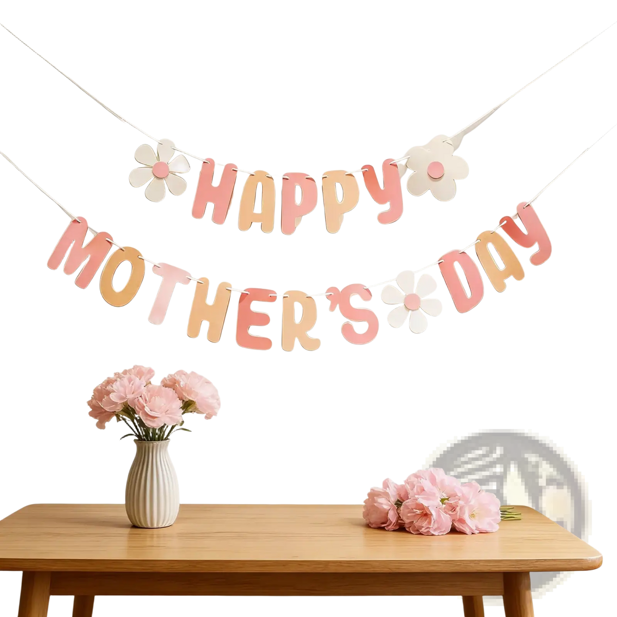 Mothers day daisy paper banner wall decor with pastel pink and peach gradient lettering and white paper flower accents