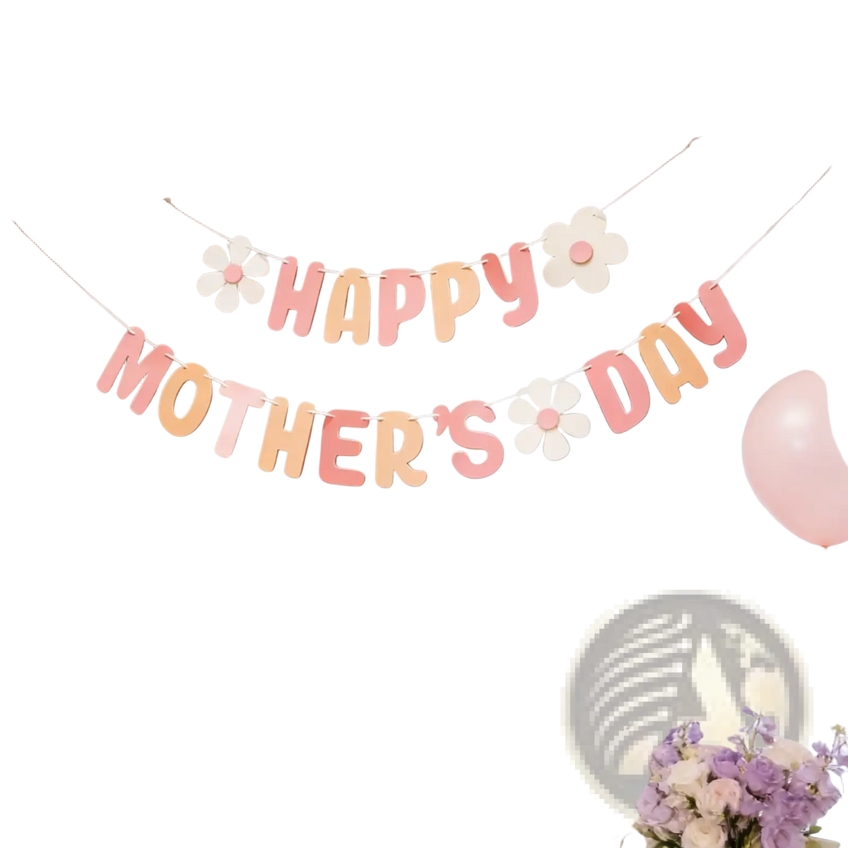 Pastel pink and white paper cutout mothers day daisy banner with floral accents for wall decor