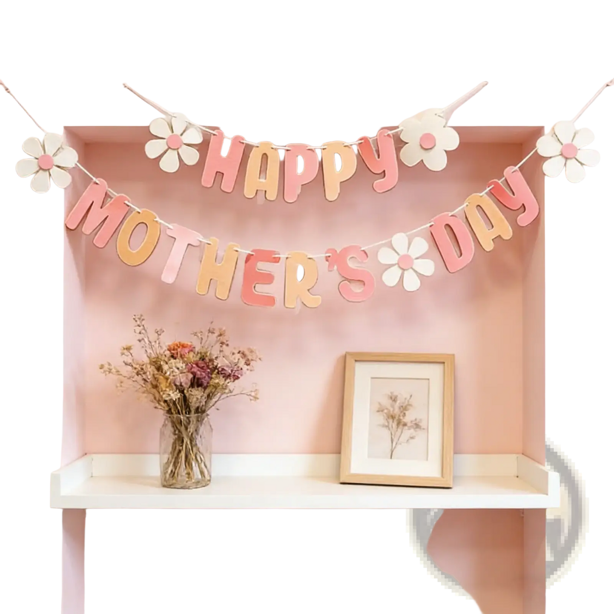 Mothers day daisy paper banner wall decor with pastel pink and white paper cutout and floral decorations