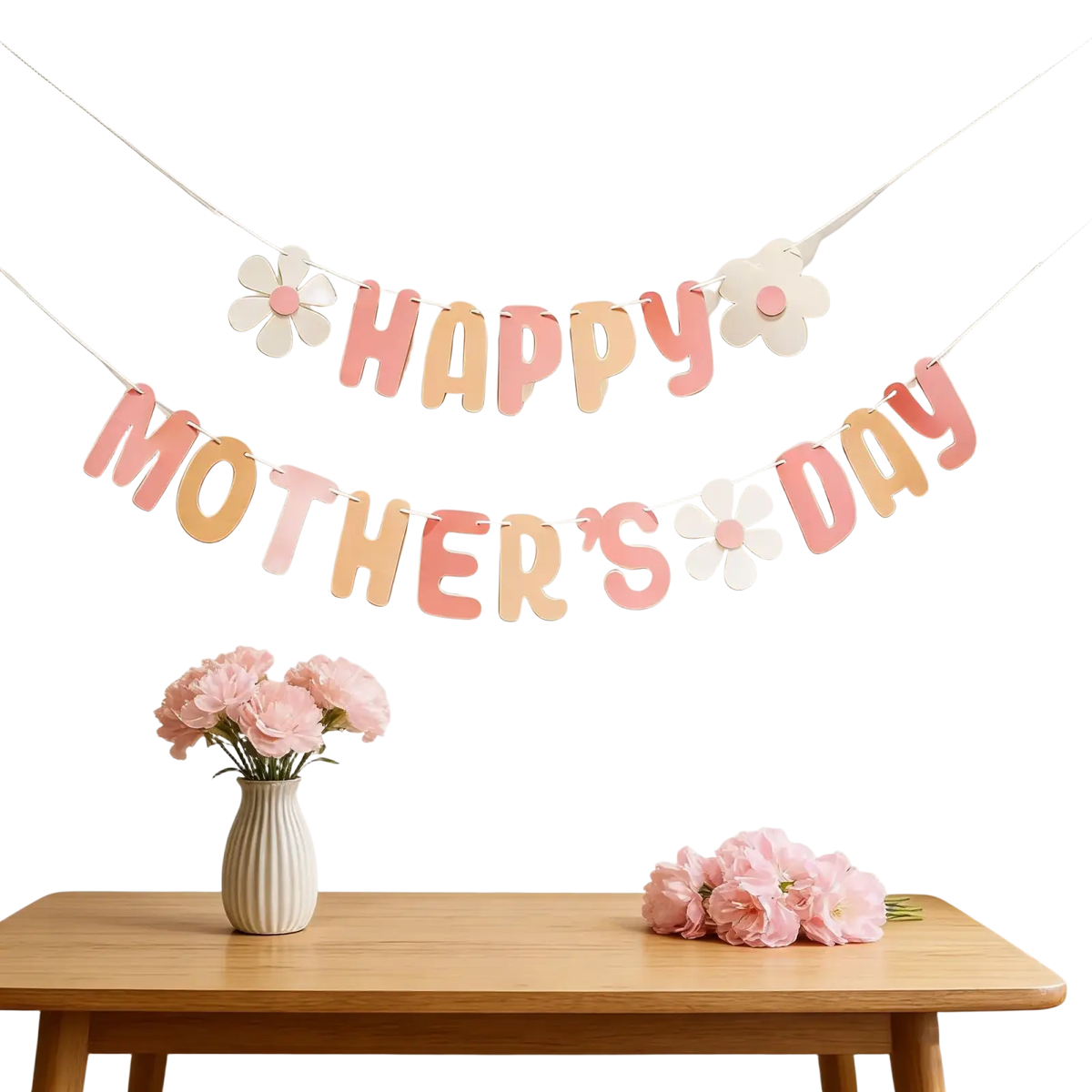 Mothers day daisy paper banner wall decor with pastel pink and peach gradient lettering and white paper flower accents