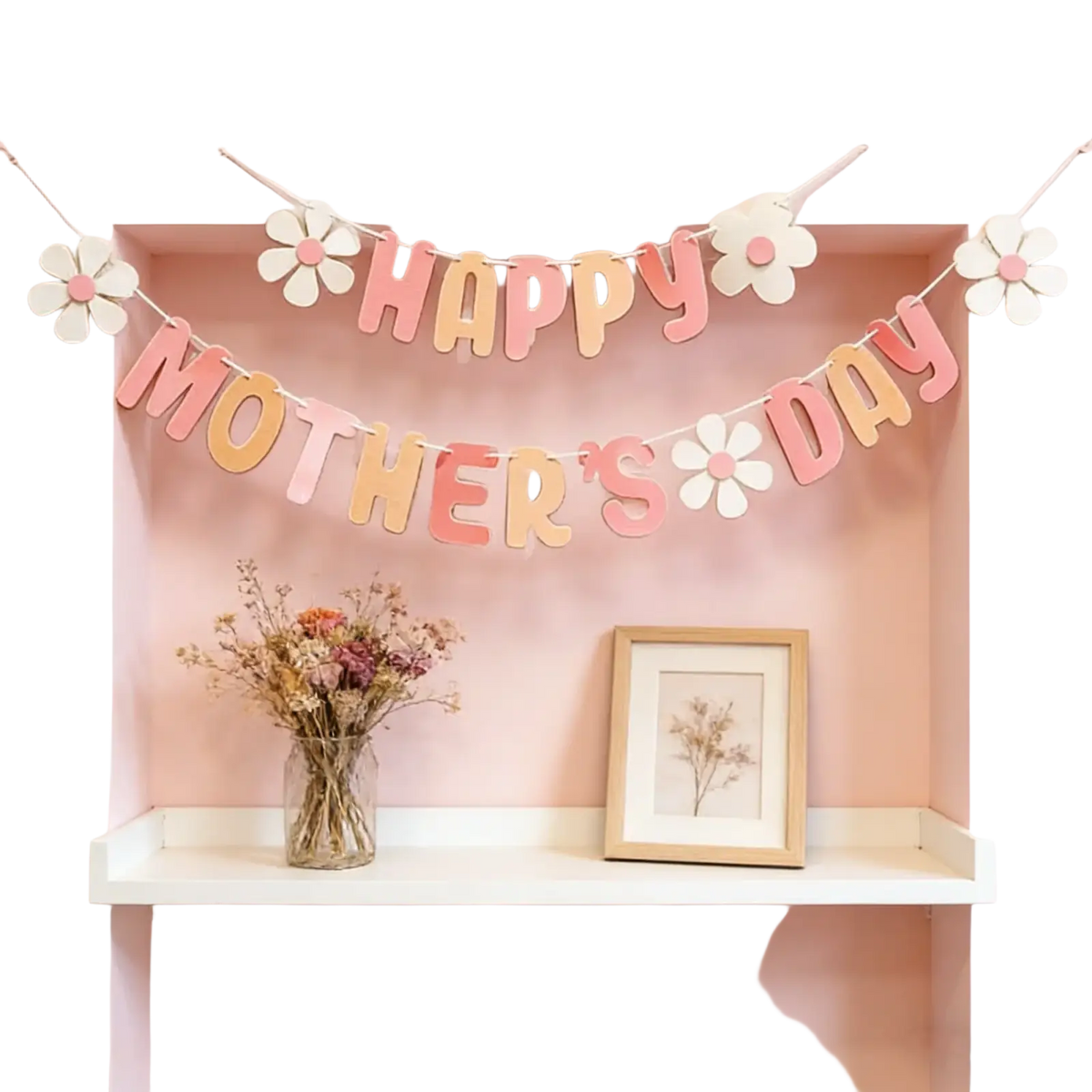 Mothers day daisy paper banner wall decor with pastel pink and white paper cutout and floral decorations