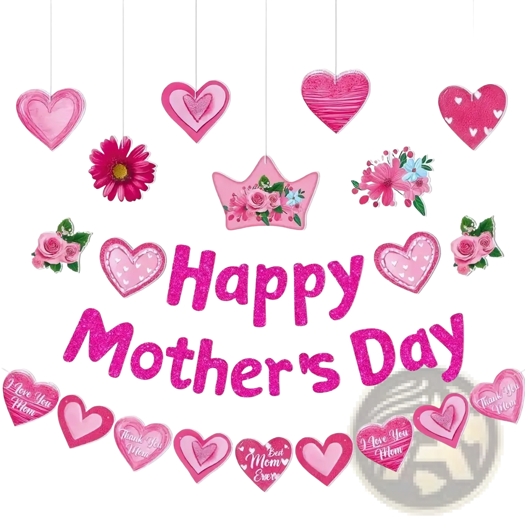Mother’s day pink glitter paper banner with happy mothers day text heart and floral decorations