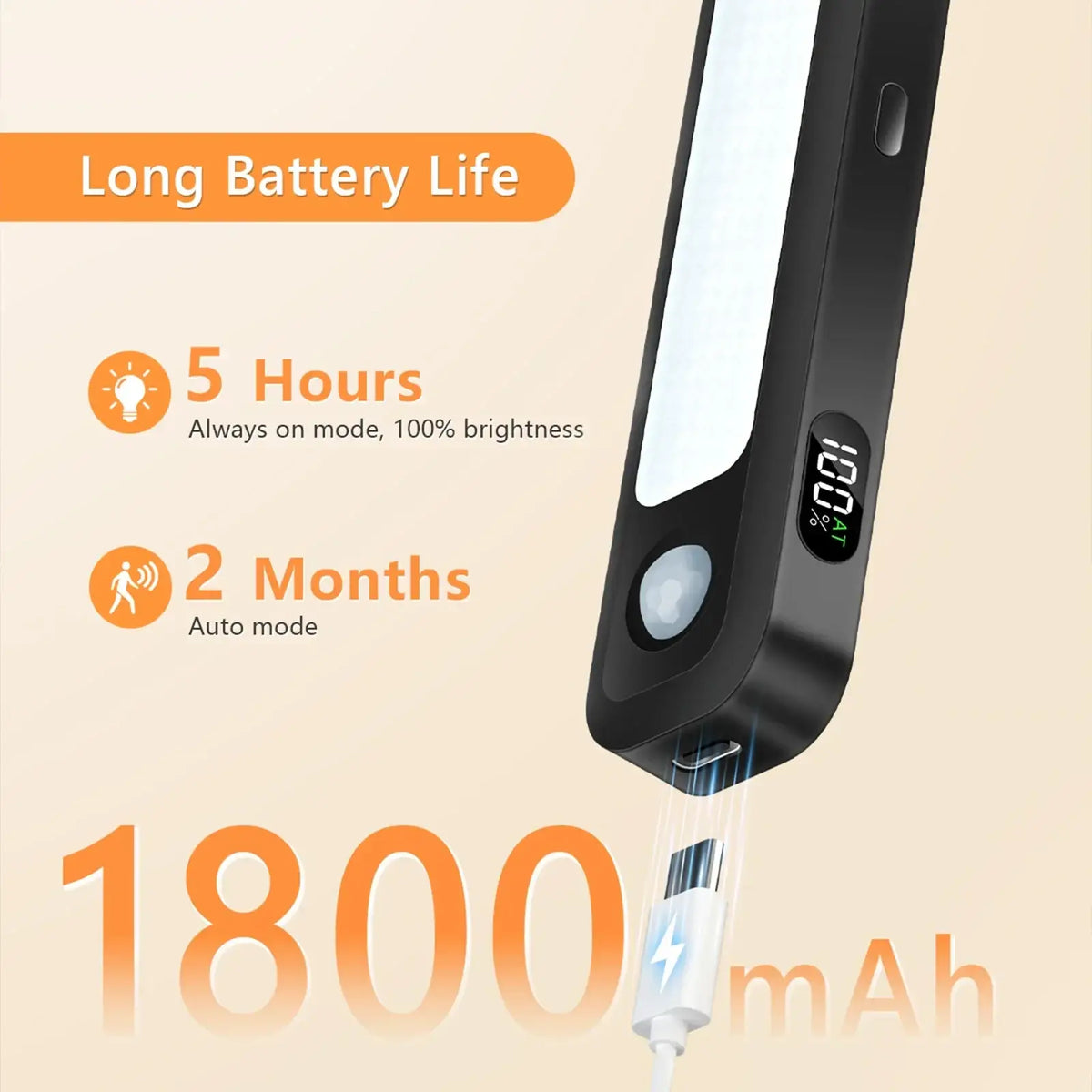 Black handheld led flashlight with digital display at 100 brightness and USB-C port for motion sensor light bar on iron sheet