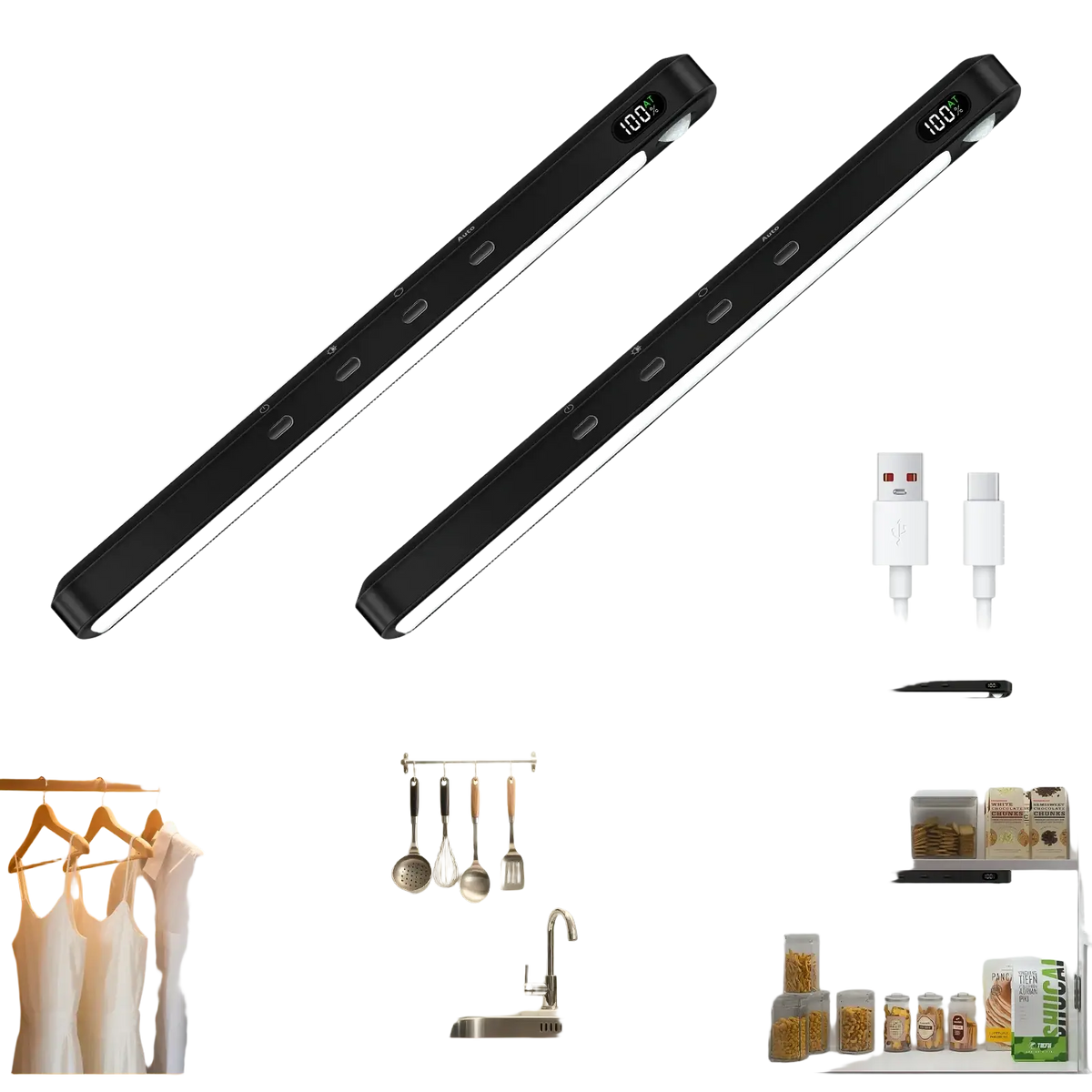 Black slim iron sheet light bar with motion sensor and digital displays rechargeable under cabinet light bar