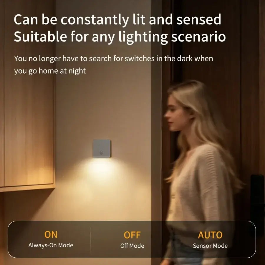 A sleek square motion sensor night light with soft white illumination for rechargeable led cabinet use