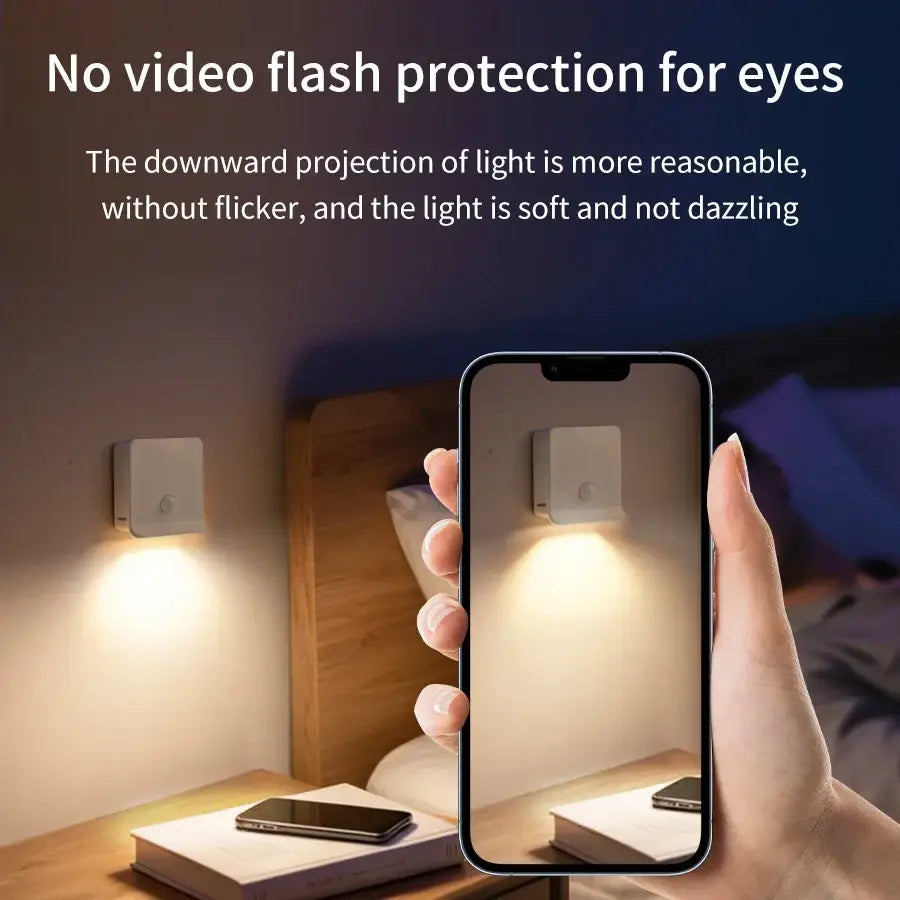 White square wall-mounted motion sensor night light with soft downward projecting rechargeable led illumination