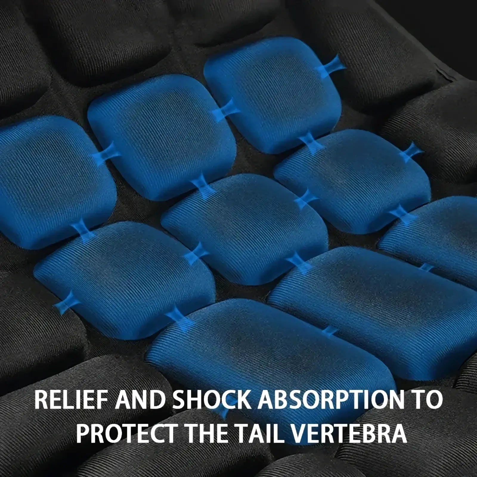 Blue cushioned gel pads embedded in black mesh backing of a motorcycle 3d air cushion breathable eva pad