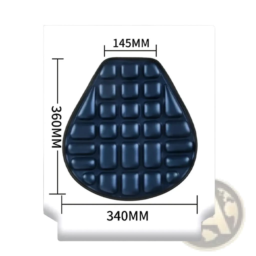 Dark blue teardrop-shaped motorcycle 3d air cushion with raised rectangular bumps for grip and comfort made of breathable EVA