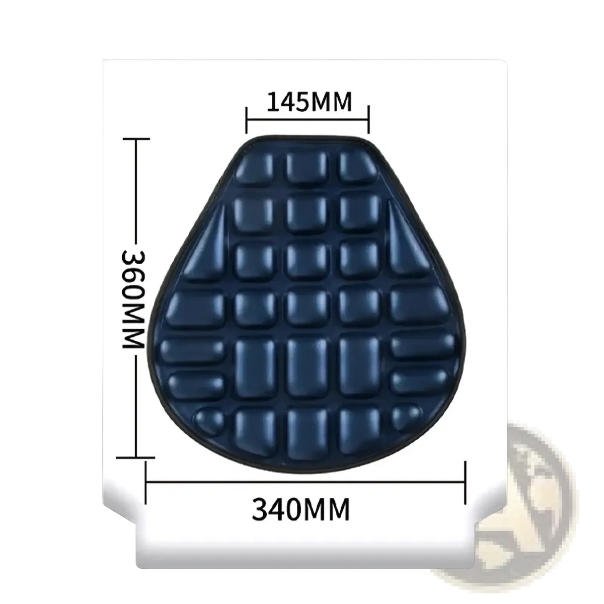 Dark blue teardrop-shaped motorcycle 3d air cushion with raised rectangular bumps for grip and comfort made of breathable EVA