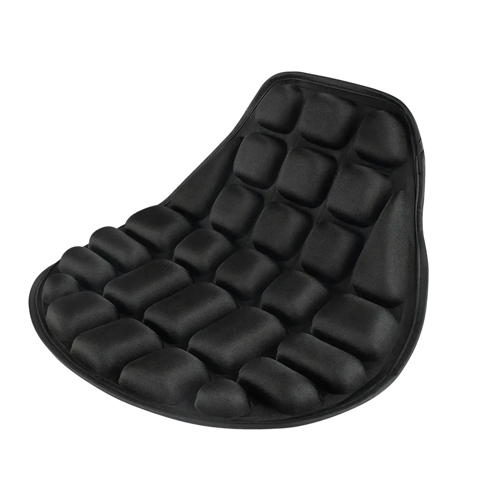 Black inflatable motorcycle seat cushion with breathable eva 3d air pad featuring raised padded grid sections