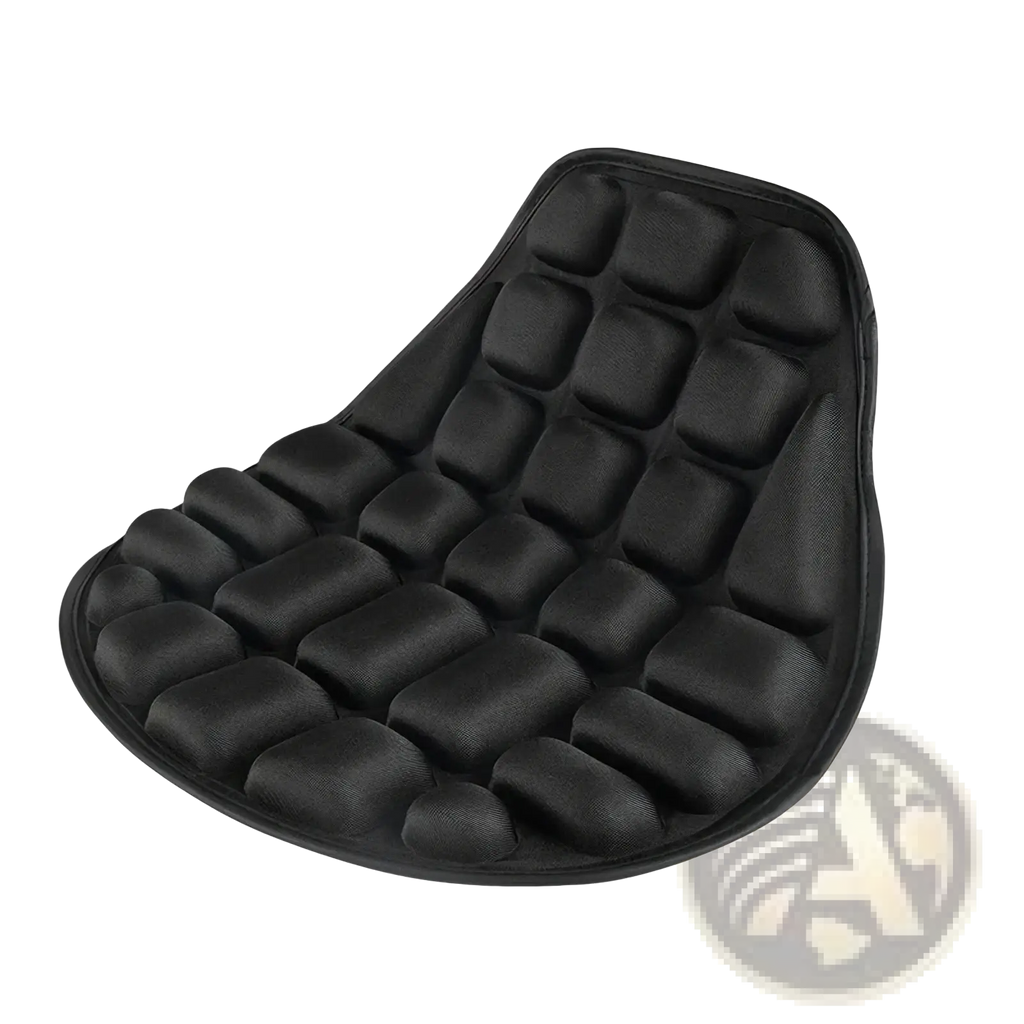 Black inflatable motorcycle seat cushion with breathable eva 3d air pad featuring raised padded grid sections