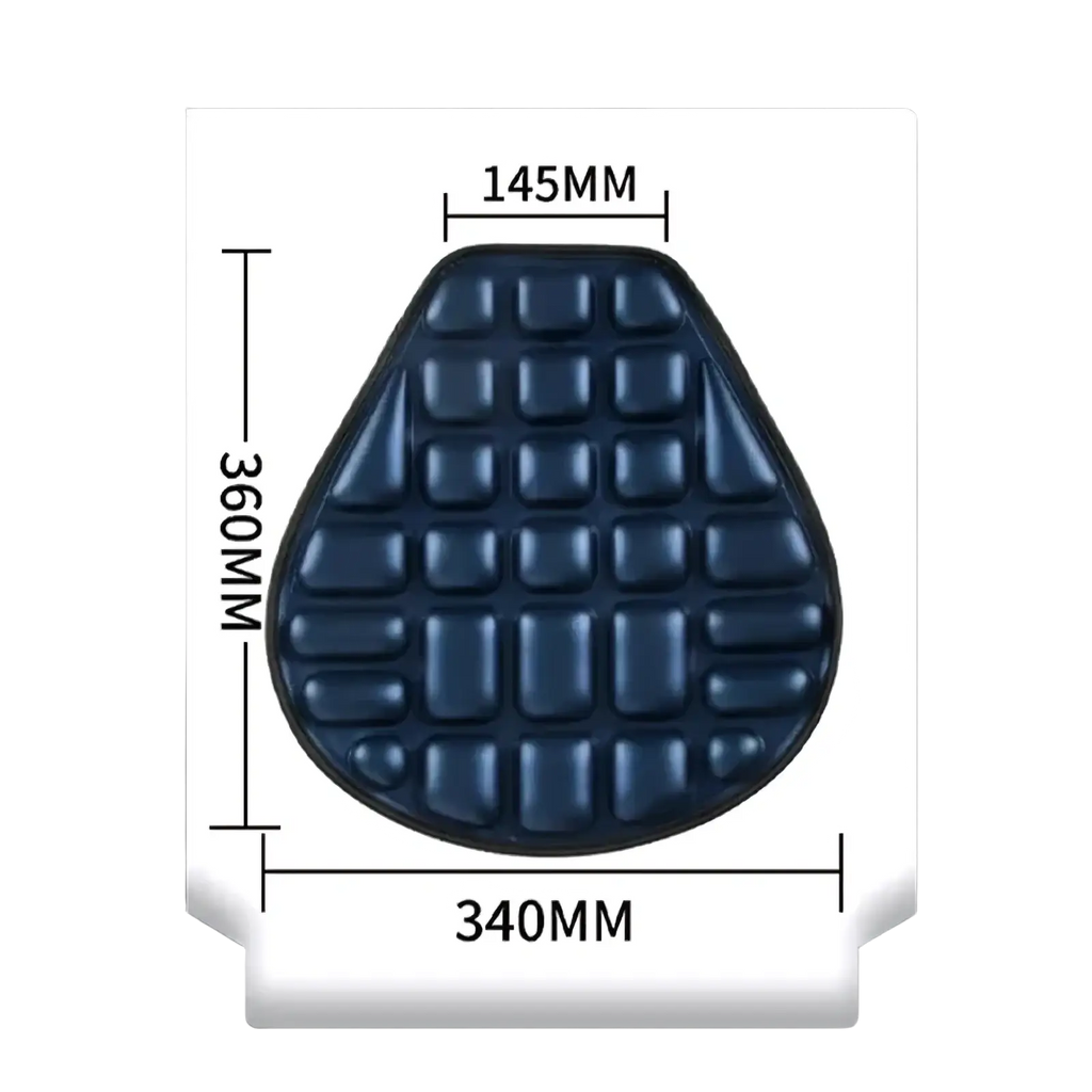 Dark blue teardrop-shaped motorcycle 3d air cushion with raised rectangular bumps for grip and comfort made of breathable EVA