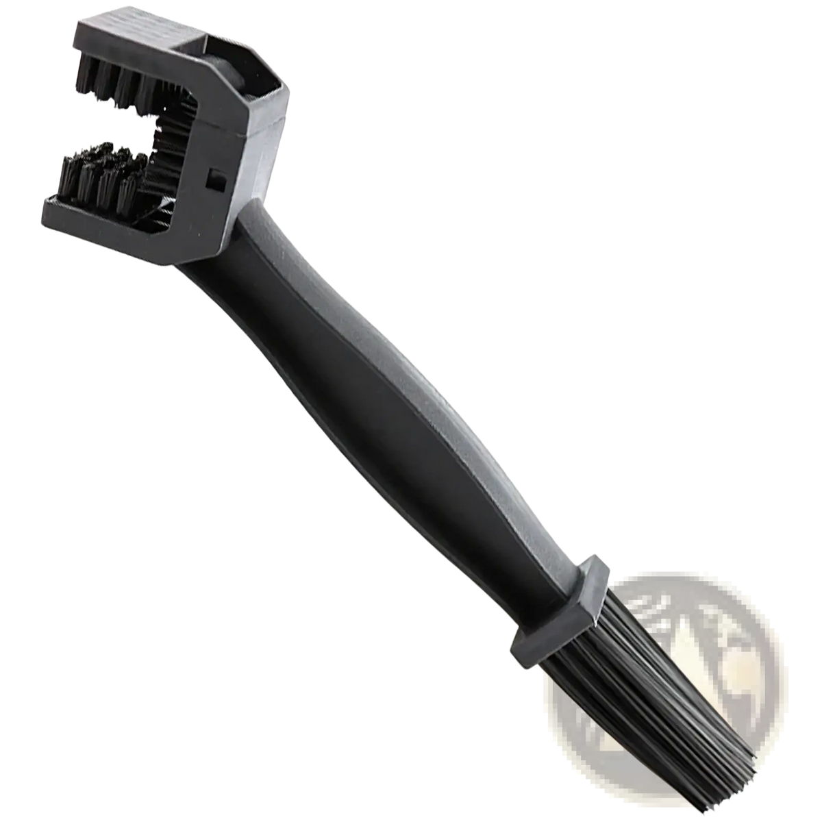 Black plastic motorcycle chain brush cleaner with dual-sided bristle heads for efficient bike maintenance