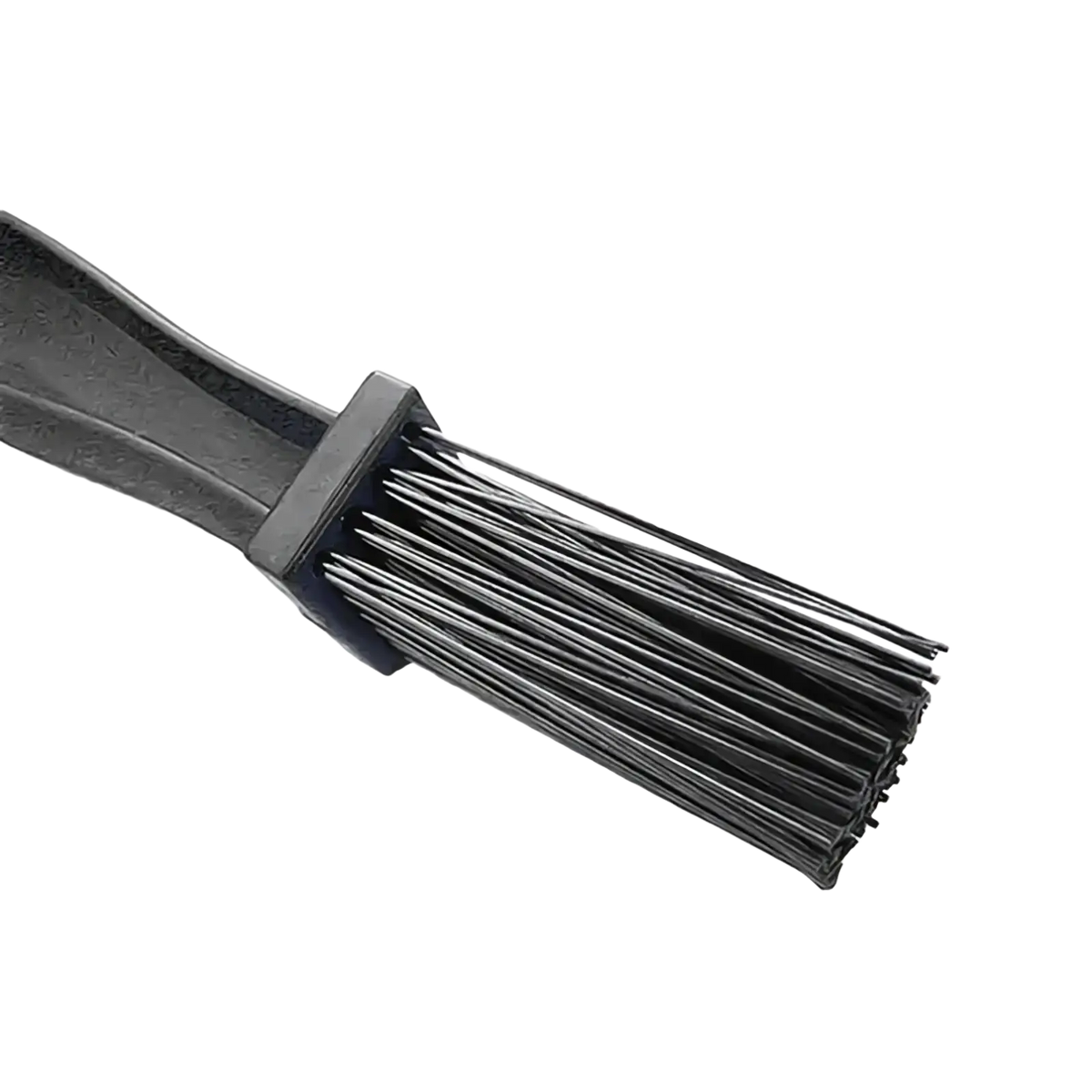 Black plastic motorcycle chain brush cleaner with dense fine metal bristles for precise dual sided cleaning