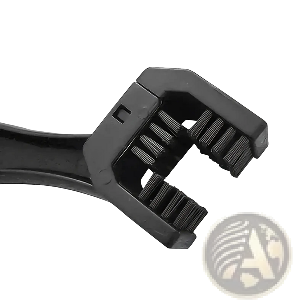 Black plastic motorcycle chain brush cleaner with dual-sided bristles for efficient chain maintenance and cleaning