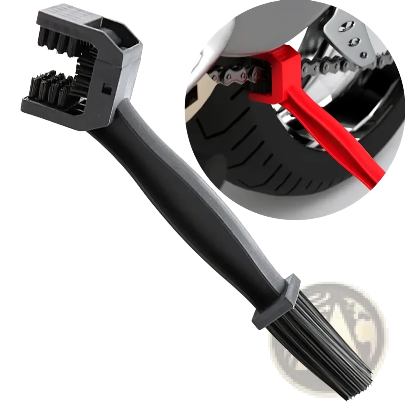 Black plastic motorcycle chain brush cleaner with dual-sided bristle heads and red handle shown cleaning a bike chain