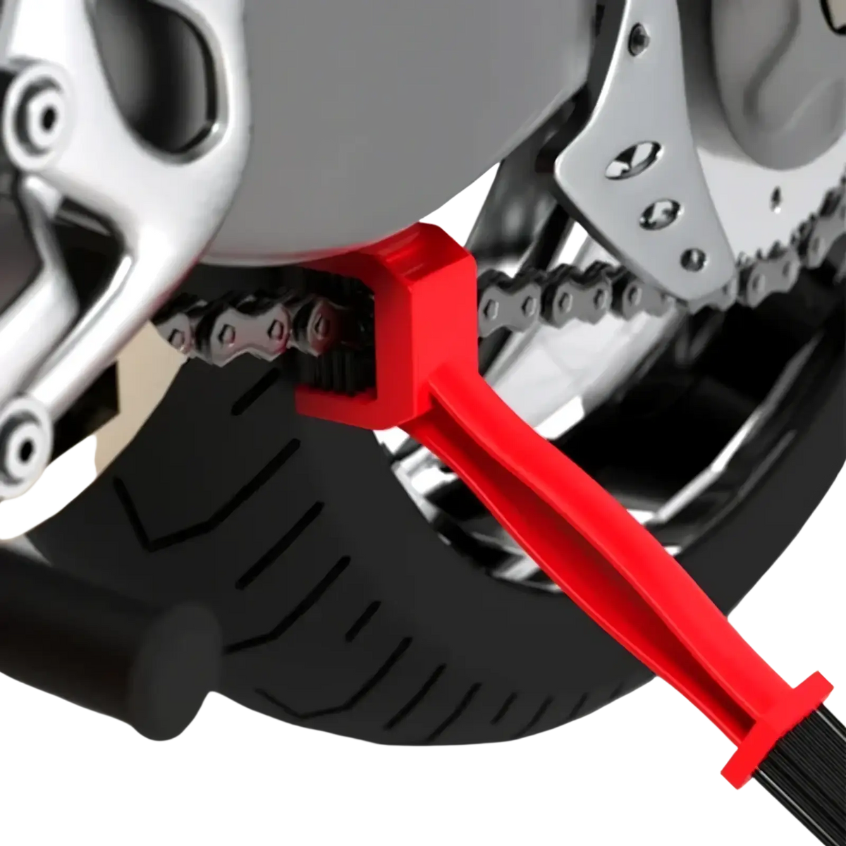 Motorcycle chain brush cleaner dual sided tool with red plastic handle and black bristles for motorcycle maintenance