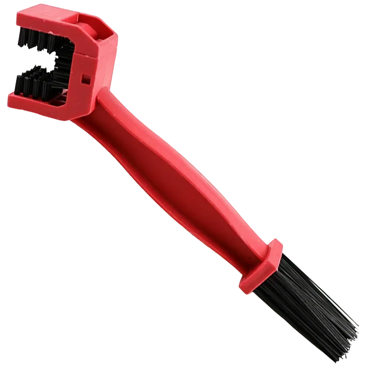 Red plastic motorcycle chain brush cleaner with dual sided black bristles for effective chain maintenance