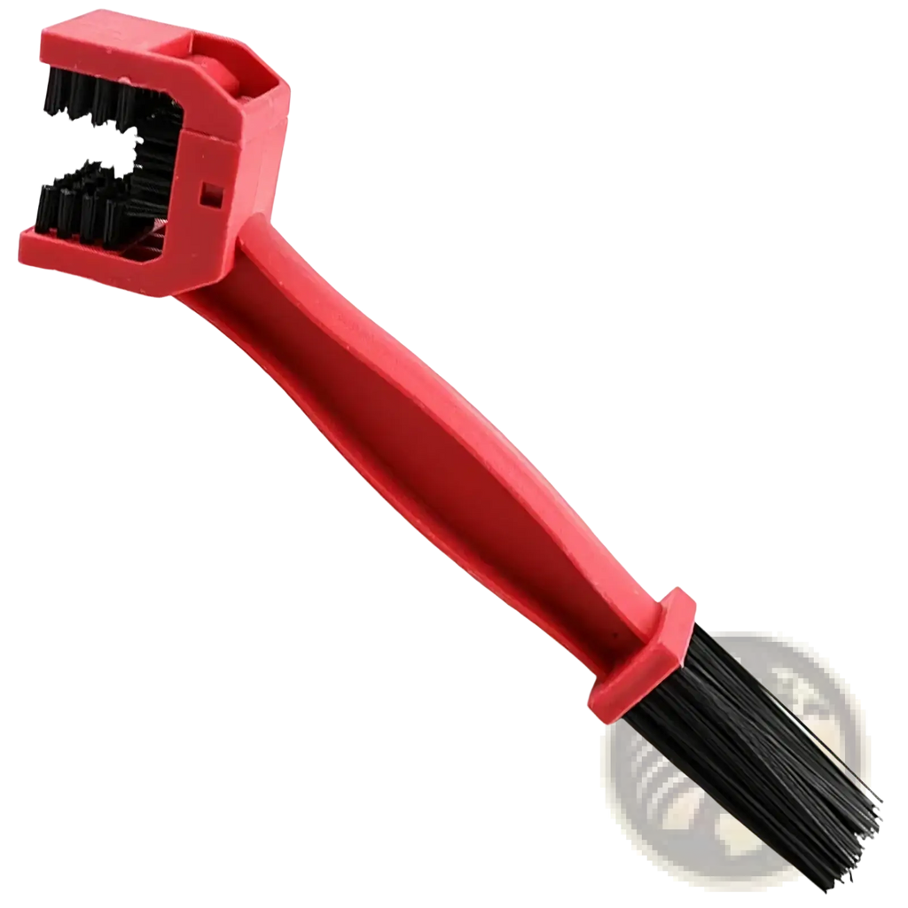 Red plastic motorcycle chain brush cleaner with dual sided black bristles for effective chain maintenance
