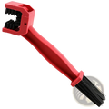 Red plastic motorcycle chain brush cleaner with dual sided black bristles for effective chain maintenance