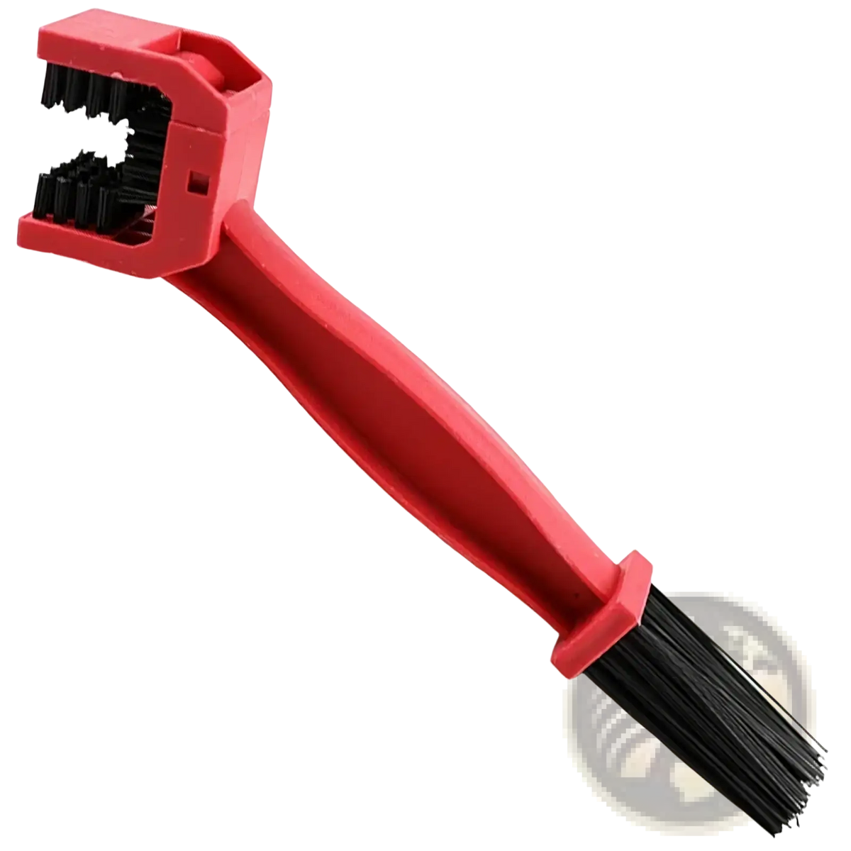 Red plastic motorcycle chain brush cleaner with dual sided black bristles for effective chain maintenance