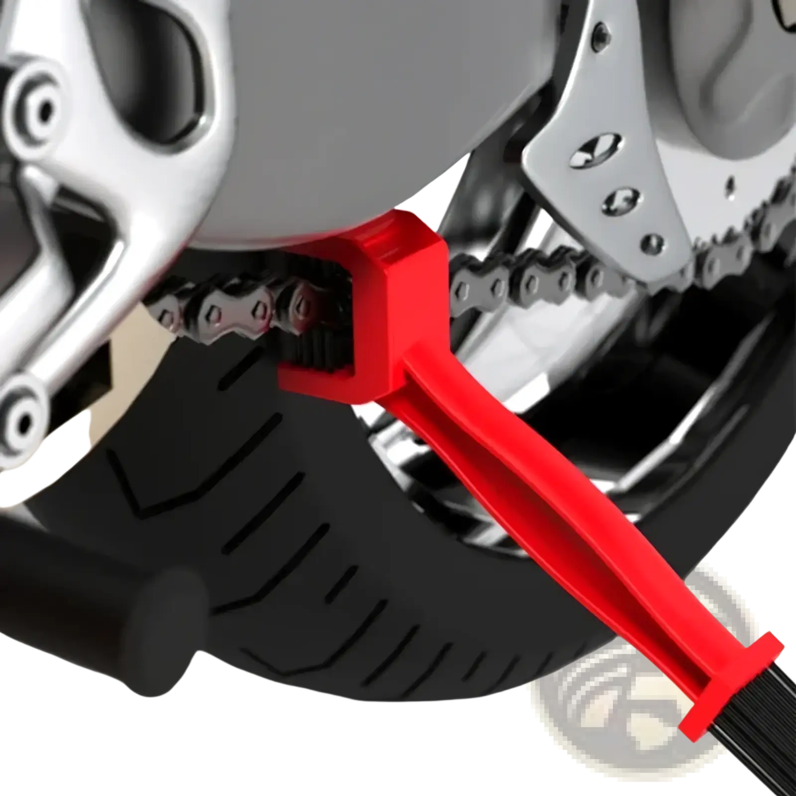 Motorcycle chain brush cleaner dual sided tool with red plastic handle and black bristles for motorcycle maintenance