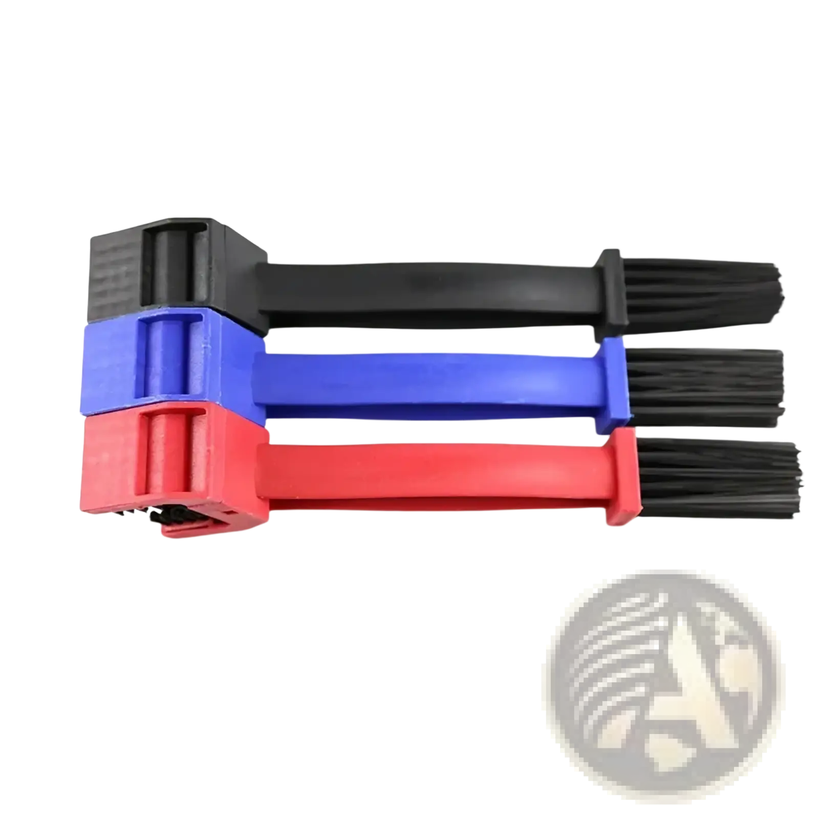 Three plastic-handled motorcycle chain brush cleaners with black bristles in red blue and black handles for dual-sided cleaning