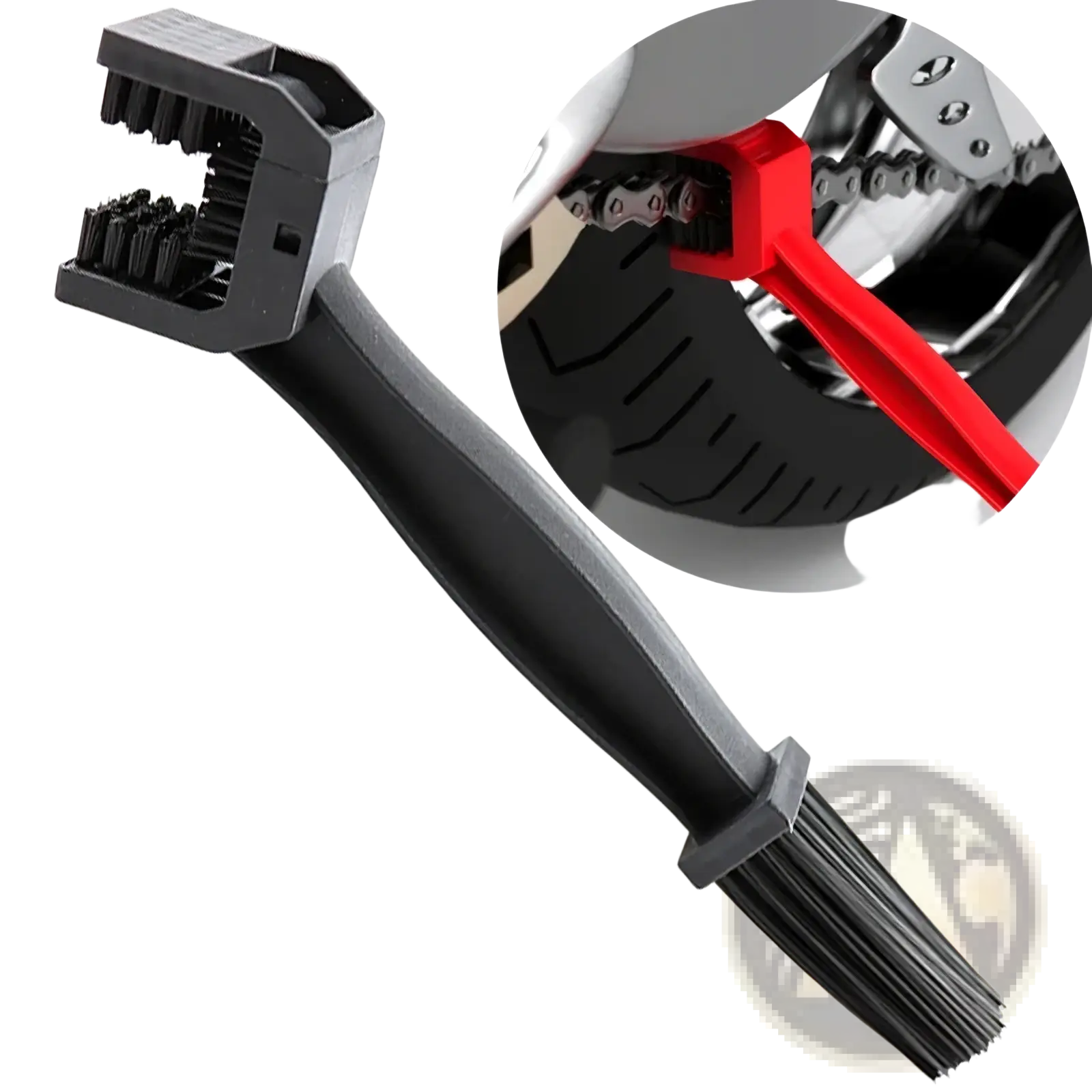 Black plastic motorcycle chain brush cleaner tool with dual-sided bristle heads and a red handle in use on bike chain