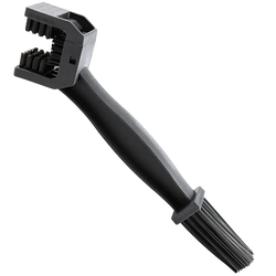Black plastic motorcycle chain brush cleaner tool with dual-sided bristle heads for thorough chain maintenance