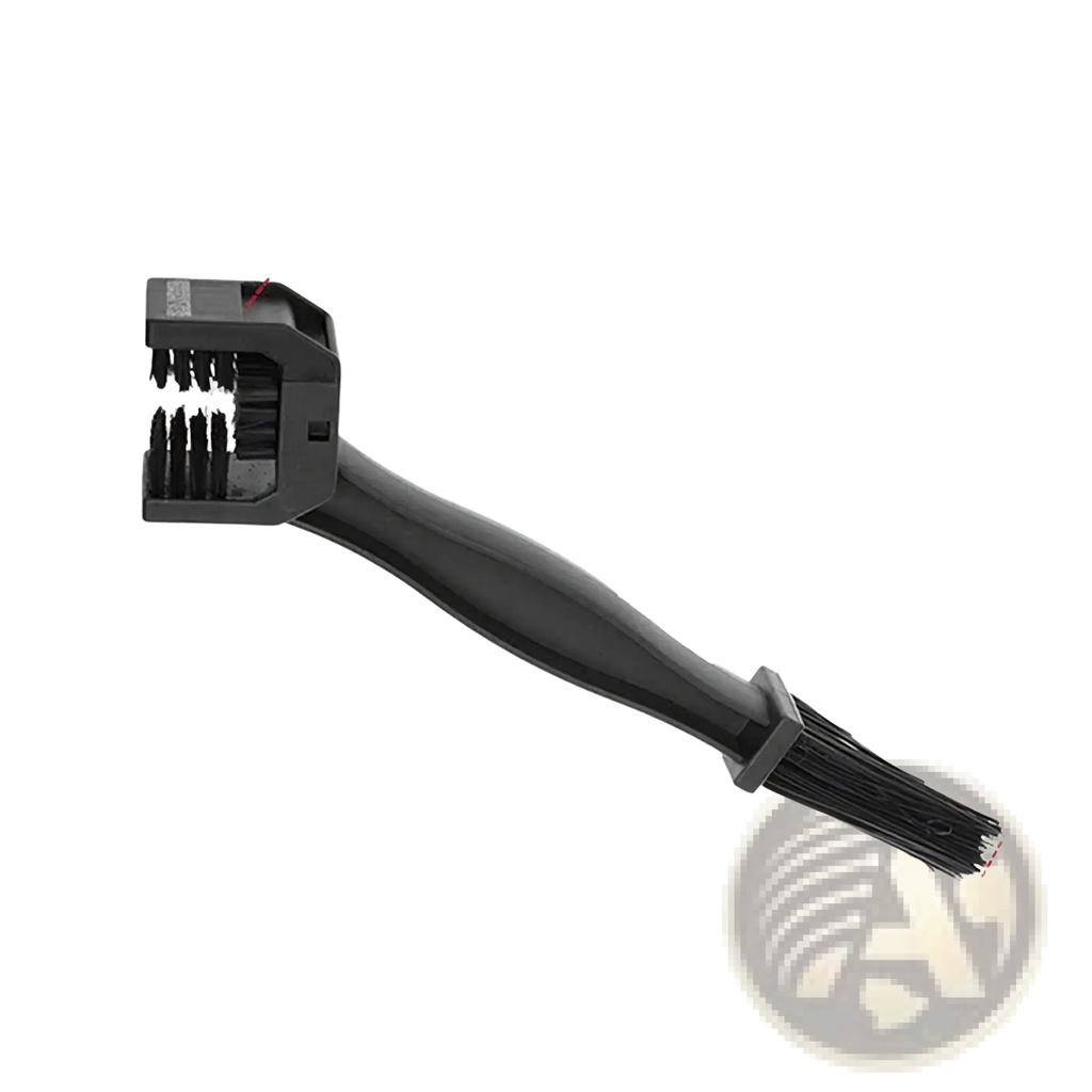 Black plastic motorcycle chain brush cleaner tool with dual-sided brush heads and a long handle for efficient cleaning