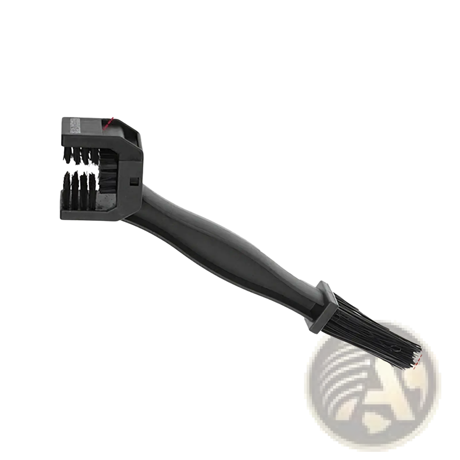 Black plastic motorcycle chain brush cleaner tool with dual-sided brush heads and a long handle for efficient cleaning