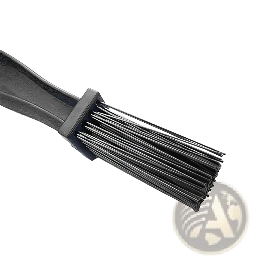Black plastic motorcycle chain brush cleaner tool with dense fine bristles for precise cleaning and maintenance