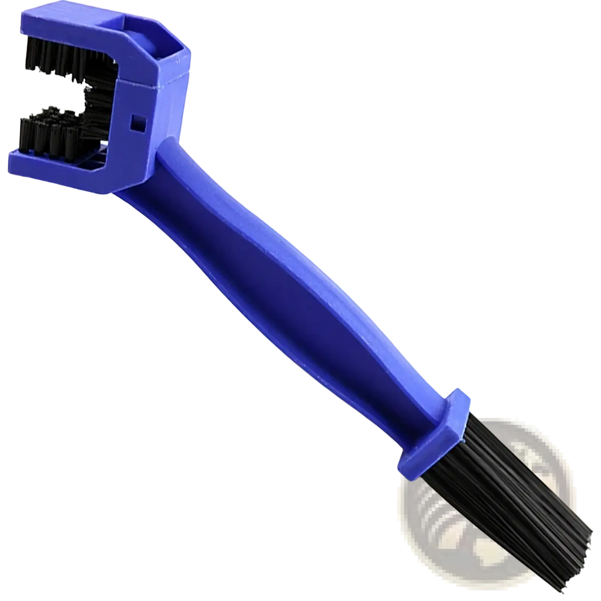 Blue plastic motorcycle chain brush cleaner tool with black bristles for thorough chain maintenance and cleaning