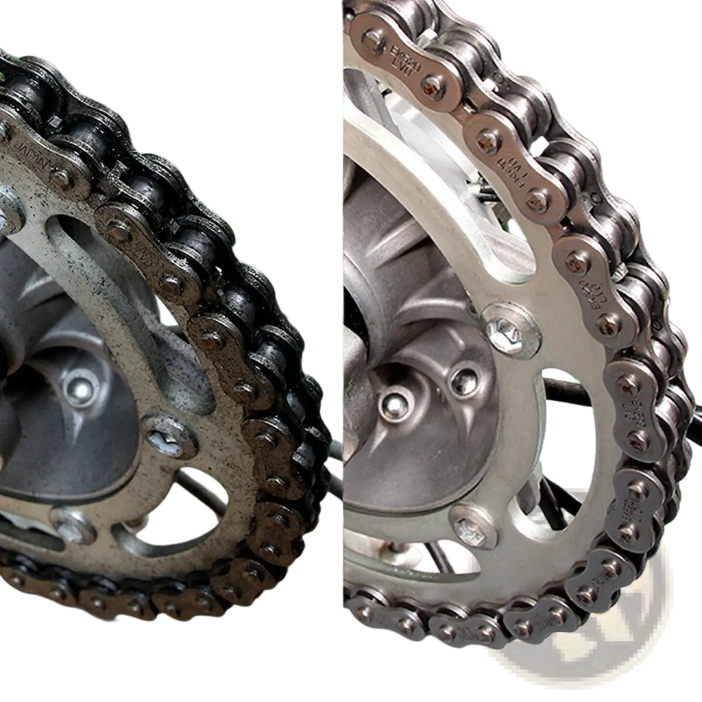 Cleaned motorcycle chain with metallic links and engraved markings from motorcycle chain cleaner and lube kit