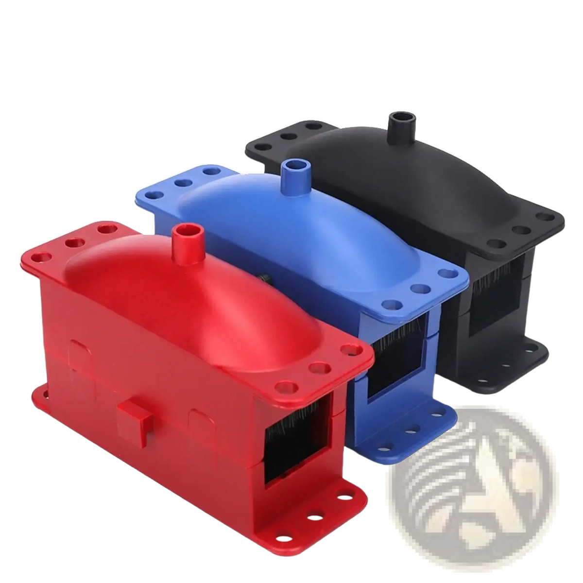 Motorcycle chain cleaner and lube kit with red blue and black plastic housing units featuring mounting holes and central protrusion