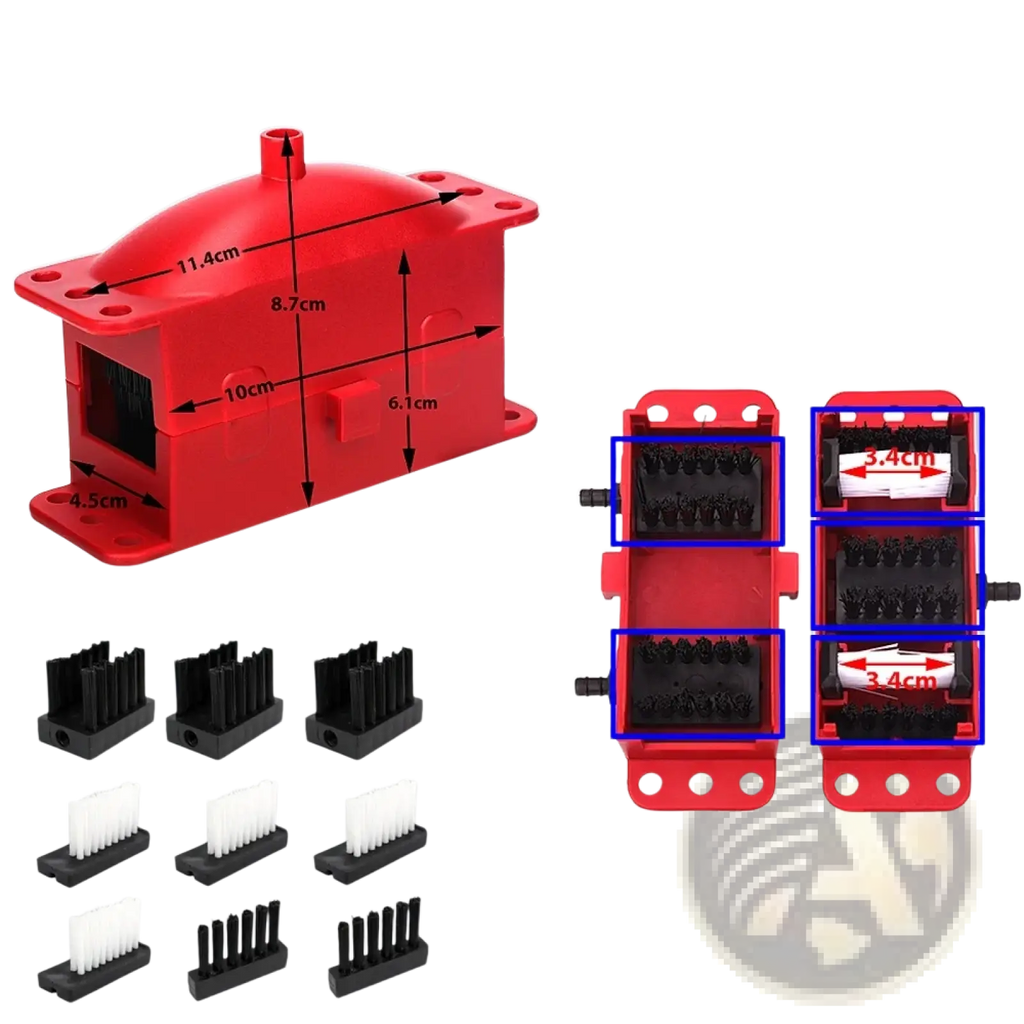 Red plastic motorcycle chain cleaner and lube kit with interchangeable black and white brush attachments