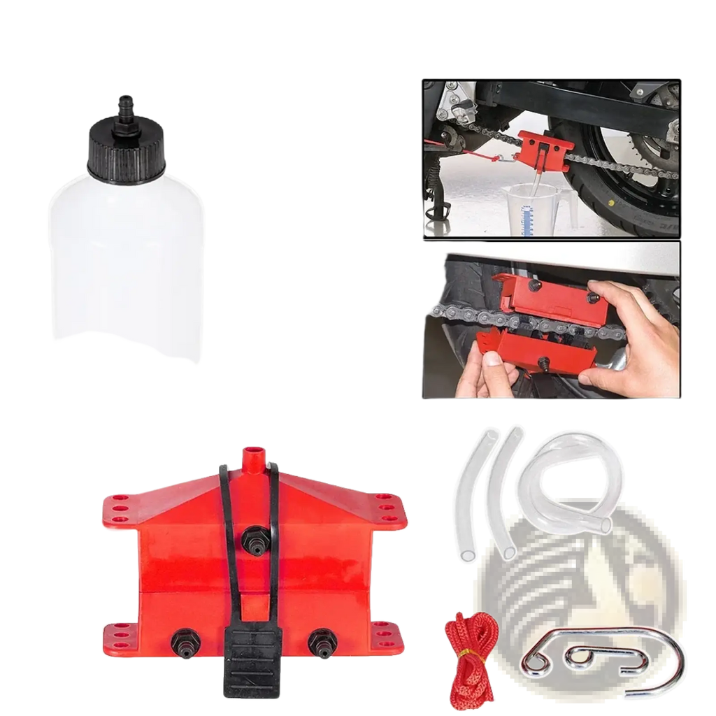 Motorcycle chain cleaner and lube kit featuring a red plastic chain cleaning tool with black cap and clear tubing