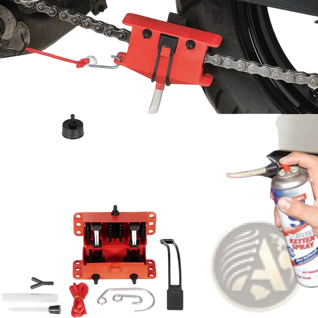 Red plastic motorcycle chain cleaner with black screws and metal hook attached to chain in chain cleaner and lube kit