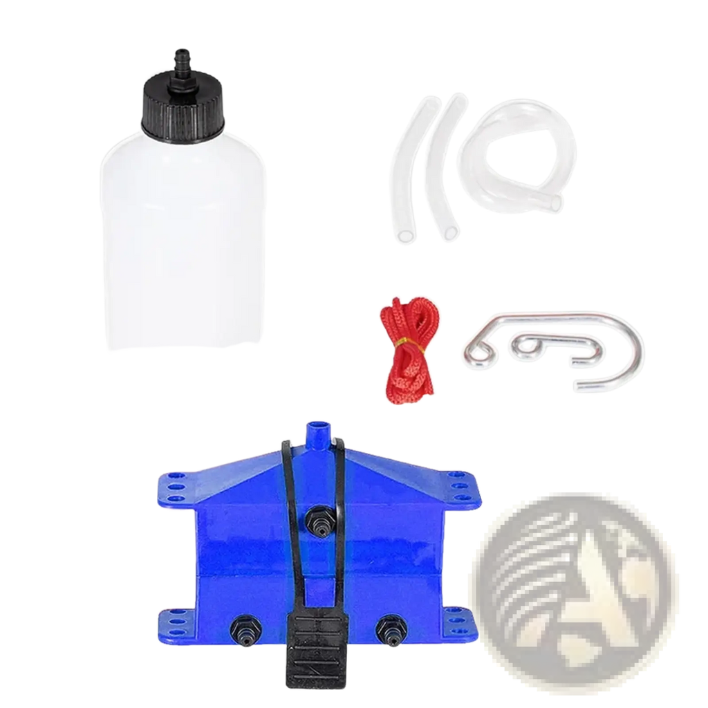 Blue plastic motorcycle chain cleaner and lube kit reservoir with black cap and foot pedal for easy use