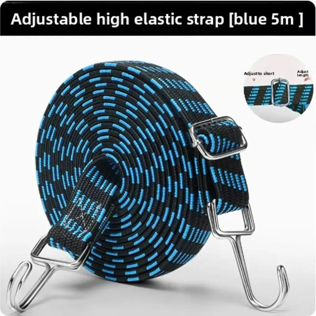 Blue and black adjustable elastic motorcycle luggage strap with metal hooks and buckle for bike and car roof racks