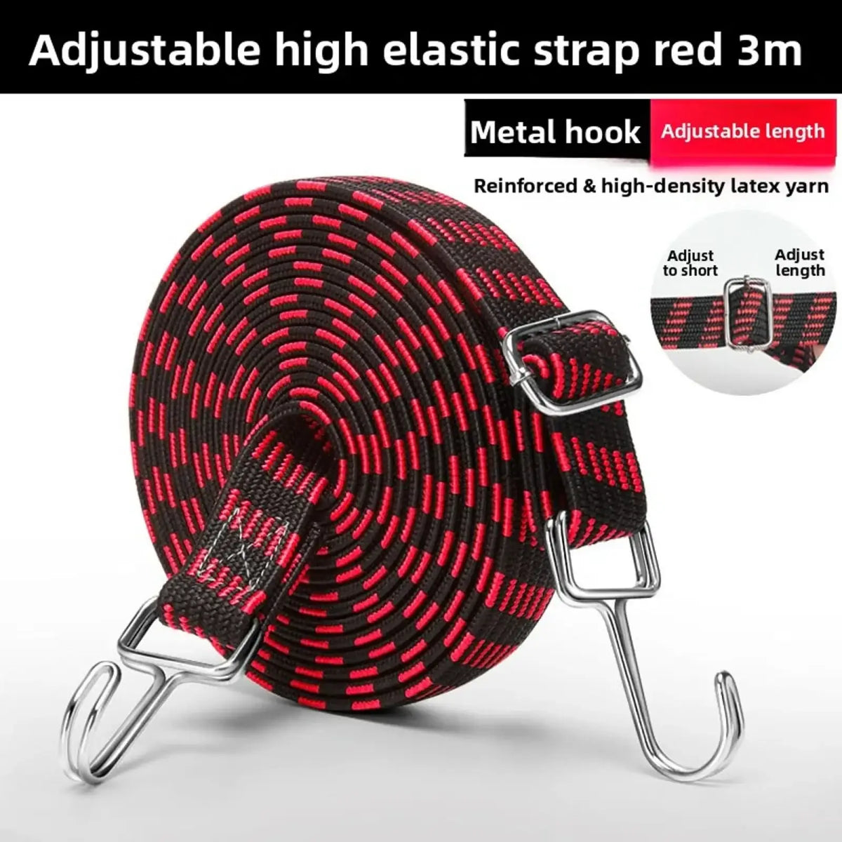 Red and black adjustable high elastic motorcycle luggage strap with metal hooks for bike and car roof racks
