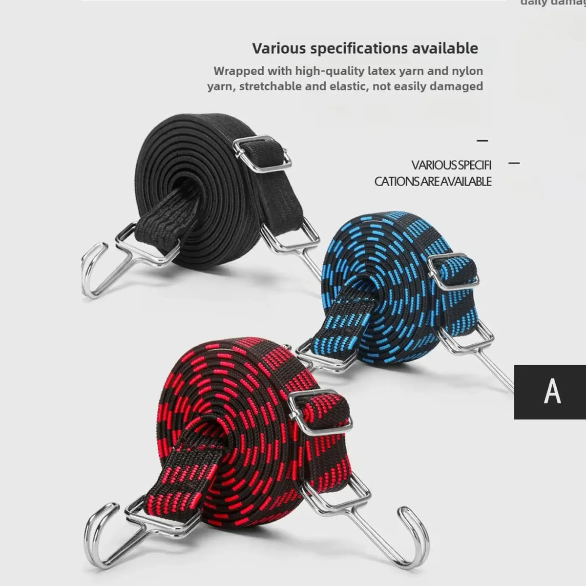 Black blue-and-black and red-and-black stretchy elastic motorcycle luggage straps with metal hooks and buckles for bike and car use