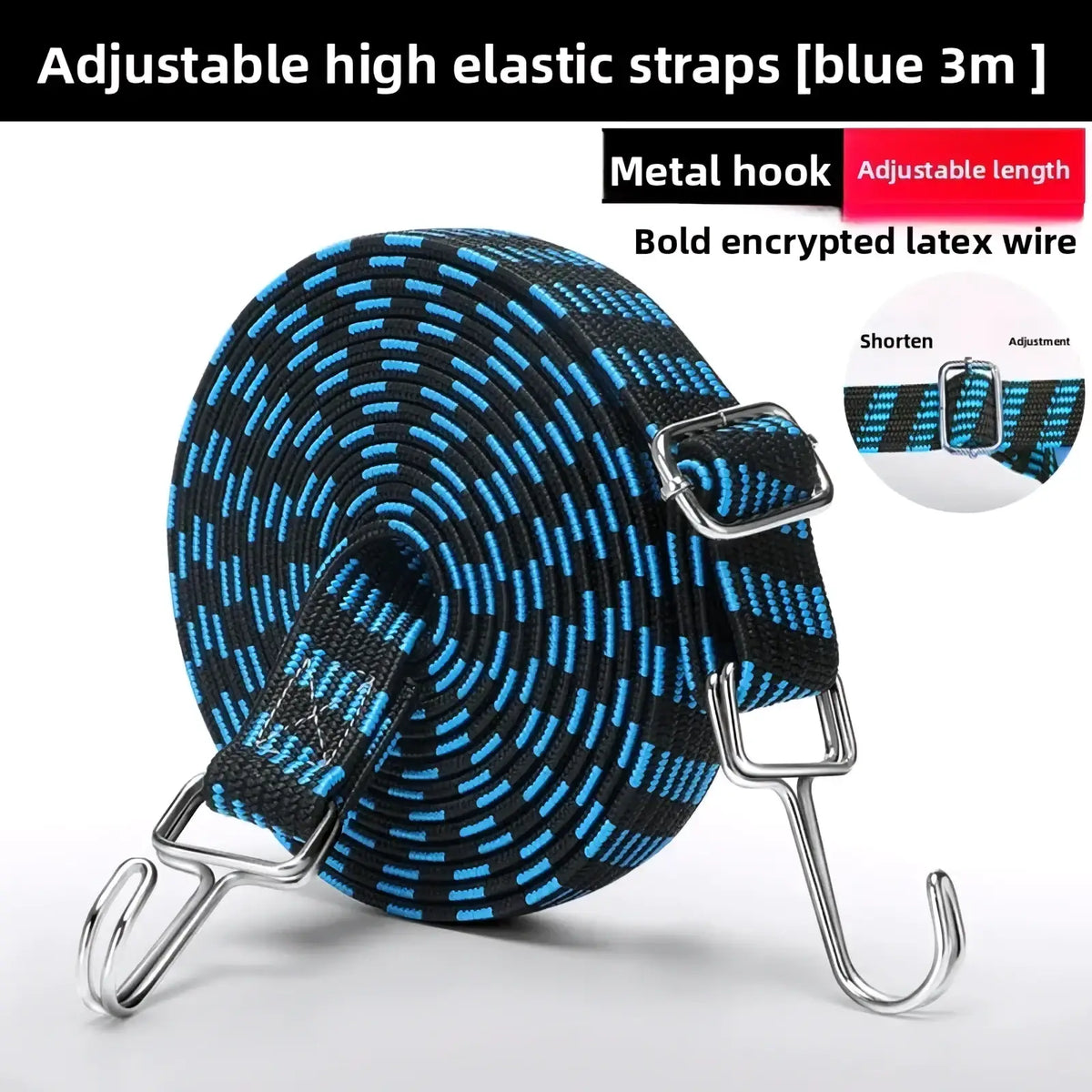 Blue and black adjustable elastic motorcycle straps with metal hooks for securing luggage on bike racks