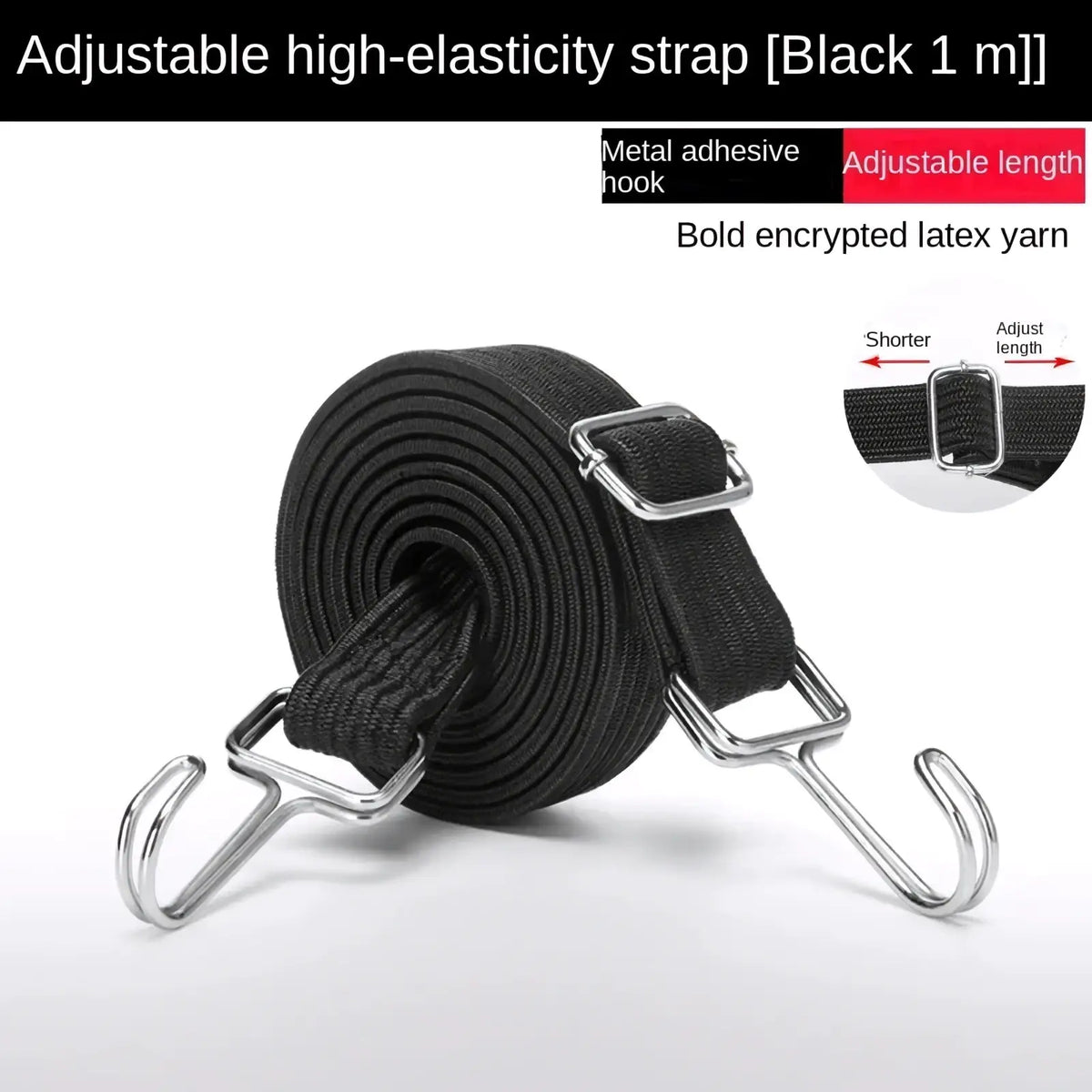 Black adjustable motorcycle elastic luggage rope with high-elastic bold encrypted latex yarn and metal adhesive j-hooks