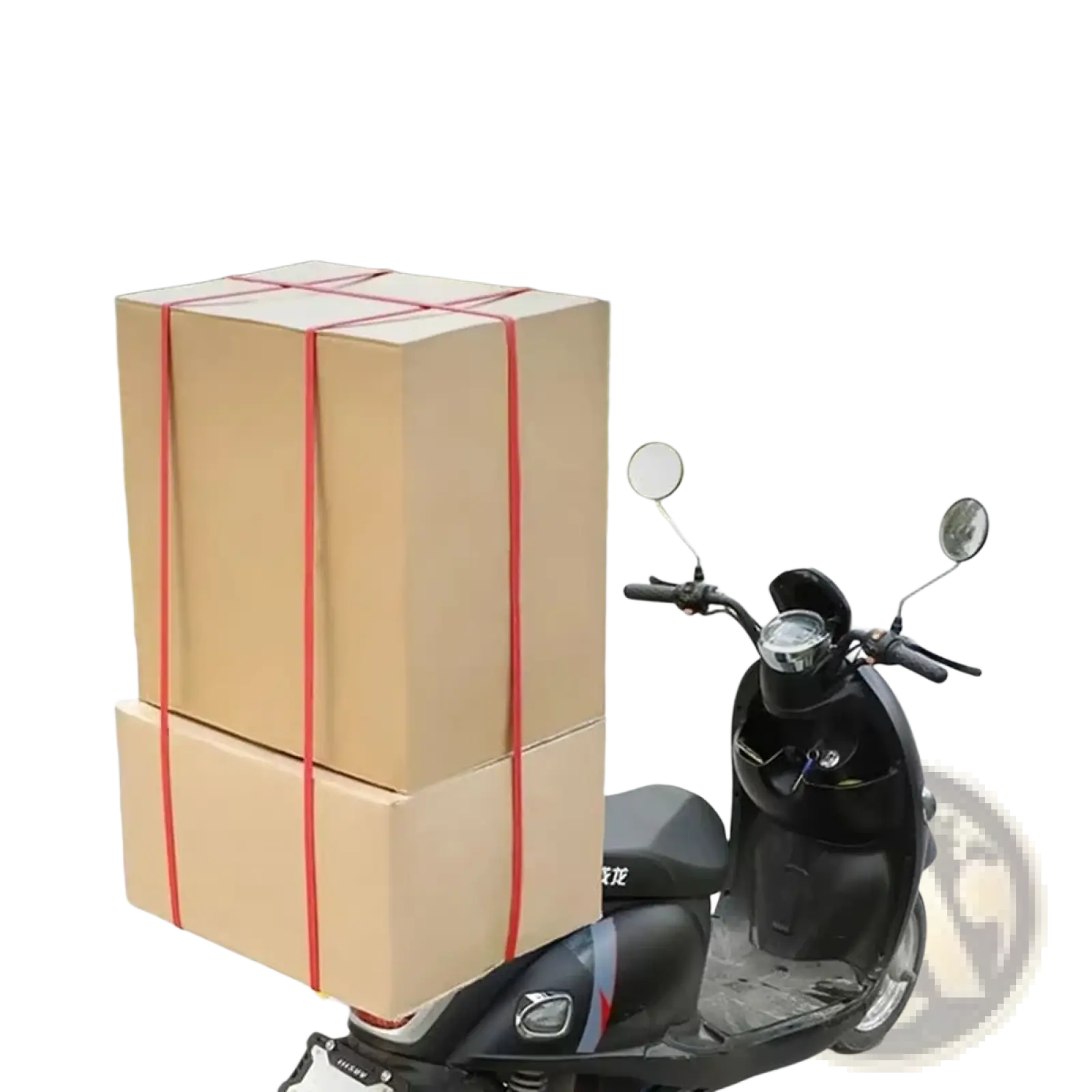 Red elastic motorcycle luggage straps securing two stacked brown cardboard boxes for auto roof rack use