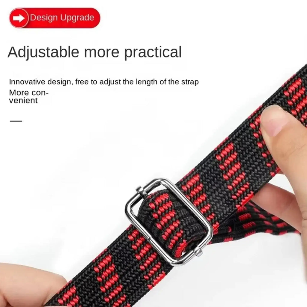 Motorcycle elastic rubber luggage rope with black and red woven strap and silver metal buckle for bike and car use