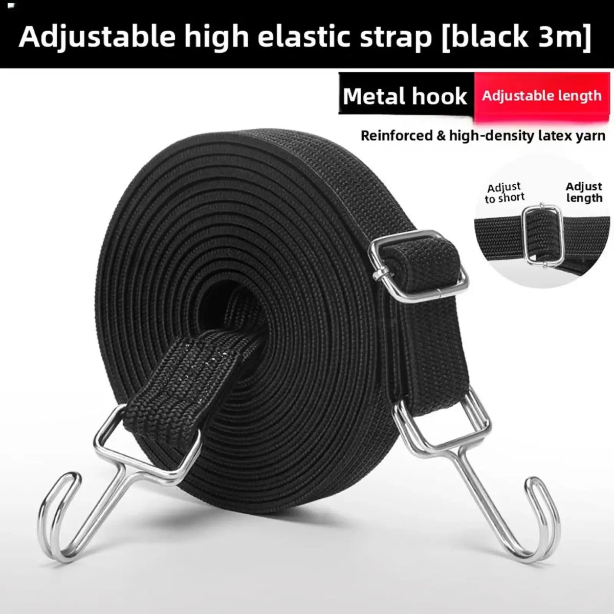 Black motorcycle elastic luggage strap with adjustable high elastic band metal hooks and reinforced latex yarn