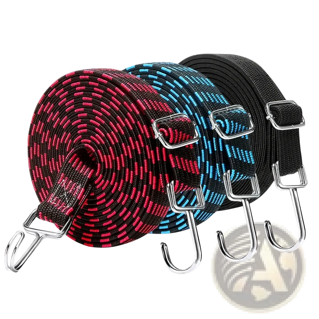 Three coiled motorcycle elastic straps with metal hooks and buckles in red-black blue-black and solid black patterns