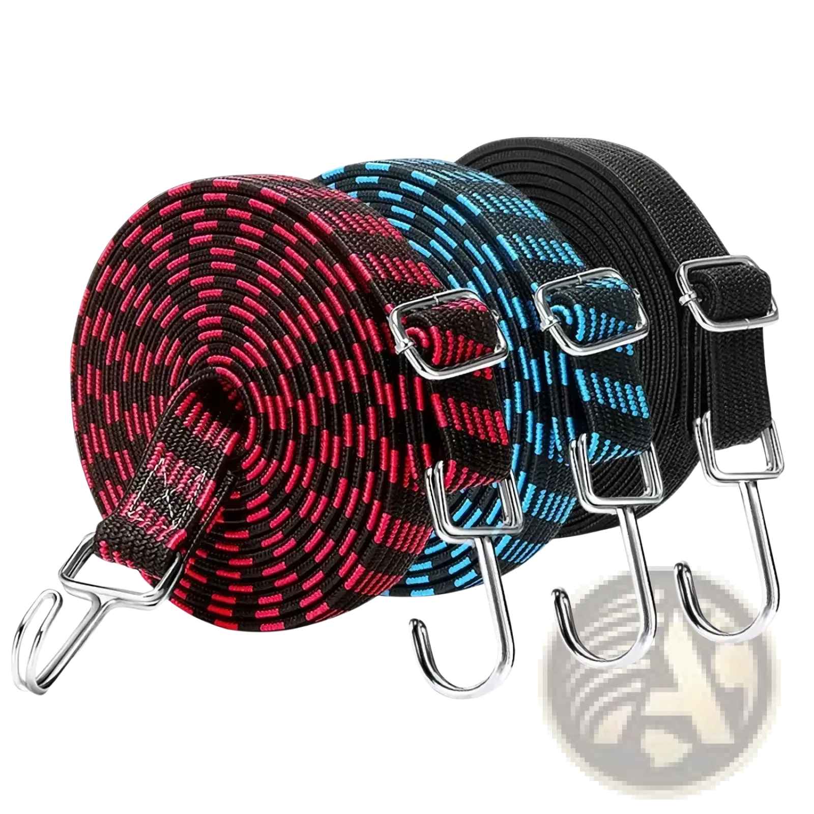 Three coiled motorcycle elastic straps with metal hooks and buckles in red-black blue-black and solid black patterns